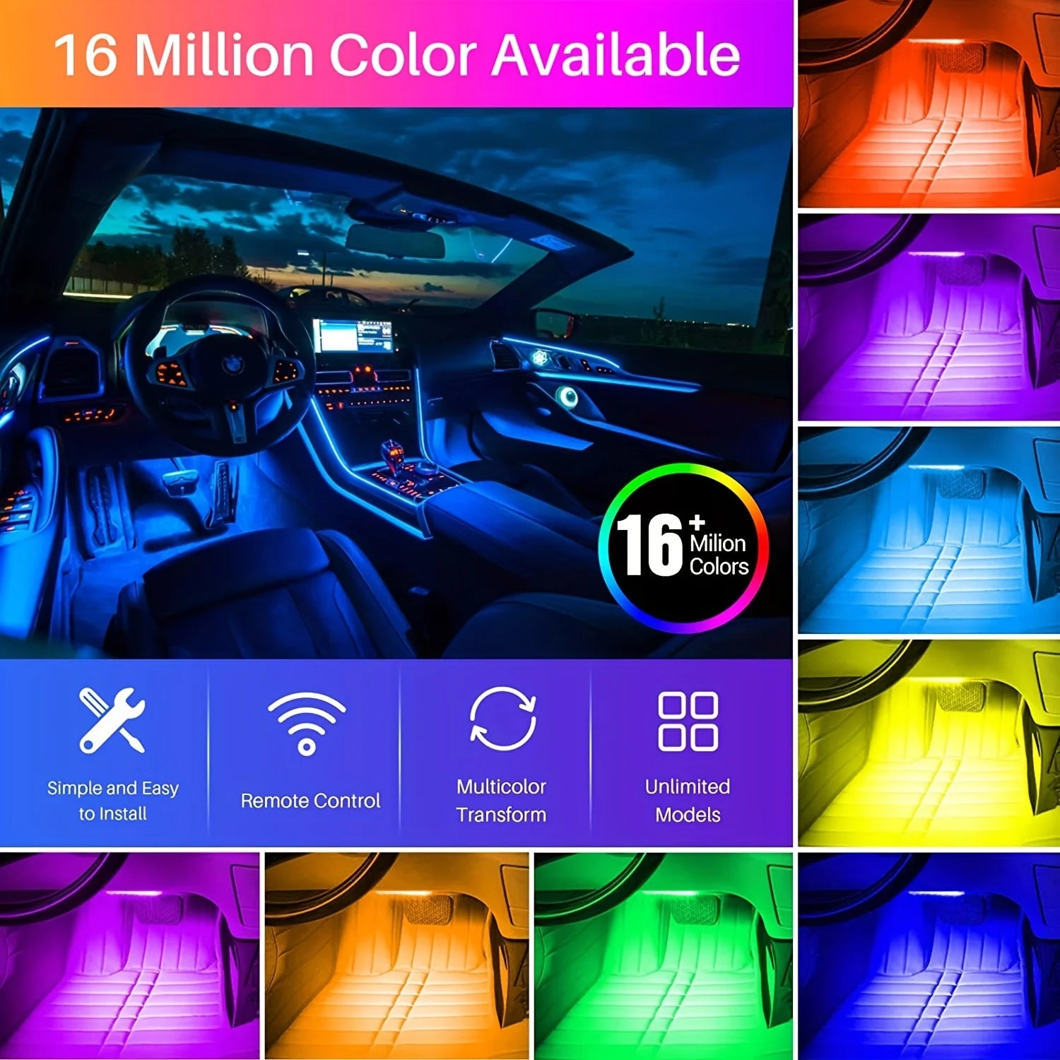 18-in-1 RGB Car Ambient Light Kit – Dual Zone Symphony LED Strips