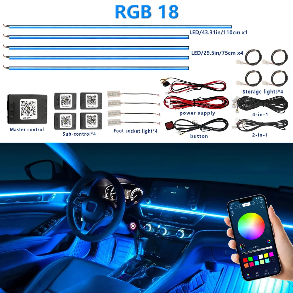 18-in-1 RGB Car Ambient Light Kit – Dual Zone Symphony LED Strips